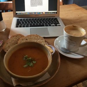 Soup of the day + soya latte at Blue Sky Cafe in Bangor