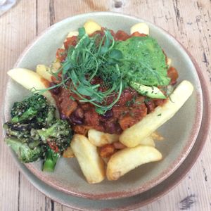 Vegan chilli & chips at Blue Sky Cafe in Bangor