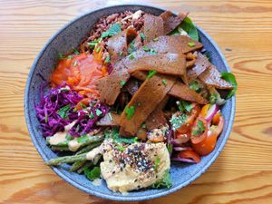 Buddah Bowl with Vegan Donner at Blue Sky Cafe in Bangor