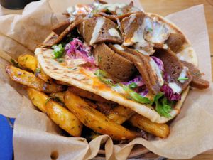 Vegan Donner Kebab with Salt and Pepper Chips at Blue Sky Cafe in Bangor