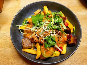 Satay Tofu (Fully Loaded Fries). at Blue Sky Cafe in Bangor