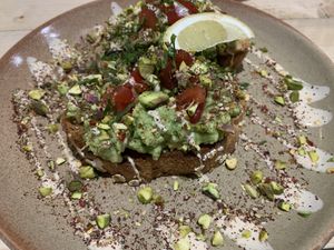 Smashed avocado on toast. Simple but delicious! at Blue Sky Cafe in Bangor