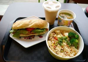 burger wish tofu dish, soup and coffee at D & B Veggie in New Taipei City