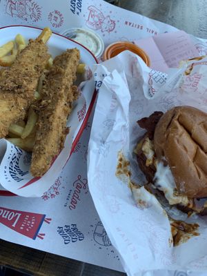 Burger and chicken strips + chips  at Temple of Seitan - Hackney in East London