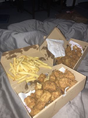 Popcorn chicken and chips  at Temple of Seitan - Hackney in East London