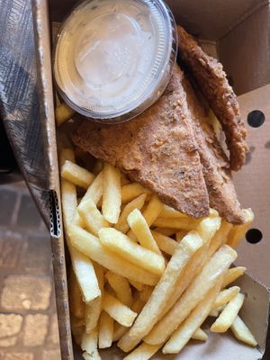 Chicken and fries  at Temple of Seitan - Hackney in East London