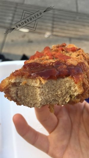 Fried chicken with bbq sauce and sriracha  at Temple of Seitan - Hackney in East London