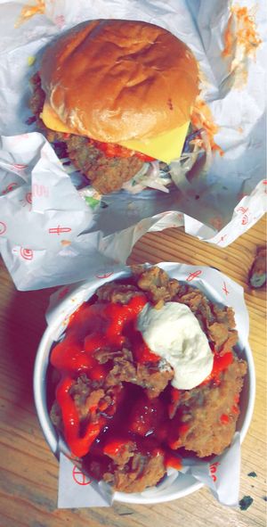Popcorn chicken and spicy temple burger  at Temple of Seitan - Hackney in East London