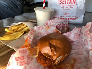 Burger, chips and milkshake at Temple of Seitan - Hackney in East London