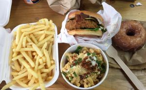 Chickn burger mac & cheeze fries and donut at Temple of Seitan - Hackney in East London