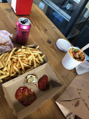 Fries, mac & cheese & condiments at Temple of Seitan - Hackney in East London