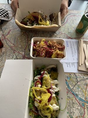 Fried courgette. Onion bhajis and vegan potatoes!  at The Canteen Bar in Bristol