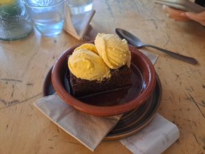 Vegan sticky toffee pudding with vanilla ice cream at The Canteen Bar in Bristol