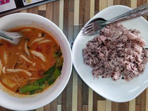 Mushrooms Tom Yum spicy soup with coconut milk at Jai Mai Jumjay in Chiang Mai