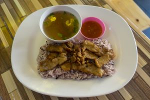 Vegan pork and rice at Jai Mai Jumjay in Chiang Mai