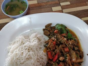 Thin rice noodles with stir fried mushrooms and Thai basil at Jai Mai Jumjay in Chiang Mai