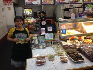 Onn is the manager and helps with the cooking. Here she is at the counter, displaying Vegan booklets plus take away items such as spring rolls. Tasty food! at Jai Mai Jumjay in Chiang Mai