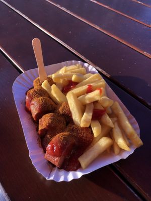 Currywurst and fries   at Curry at the Wall - Food Stand in Berlin