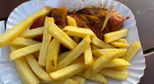 Vegan Currywurst & Fries at Curry at the Wall - Food Stand in Berlin