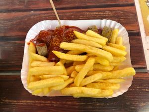 Currywurst & chips  at Curry at the Wall - Food Stand in Berlin