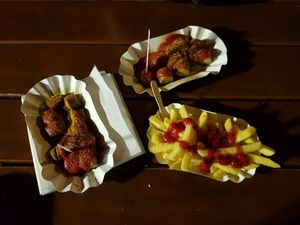 Currywurst and chips at Curry at the Wall - Food Stand in Berlin