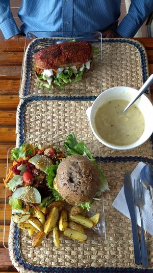Persea veggie burger with potato fries and salad at Cinnamon Veggie in Cuernavaca