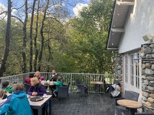 Outside riverside terrace at Chesters by the River in Skelwith Bridge