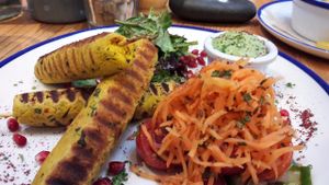Butternut squash & chickpea kebabs at Chesters by the River in Skelwith Bridge
