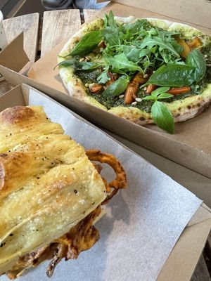 Woodfired pesto pizza with basil and rocket at Chesters by the River in Skelwith Bridge