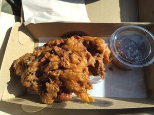 Huuuge onion bhaji and mango chutney! at Chesters by the River in Skelwith Bridge