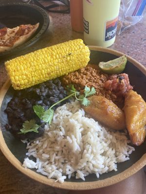 Vega chorizo and rice bowl with a side of corn; requested no dairy on the corn and they filled out an allergen card to make sure no dairy would be on the side of corn or potato   at Universal Studios - Thunder Falls Terrace in Orlando