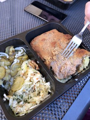 ‘Schabowy’ z ziemniakami i surowkami. Pycha. at Faloviec Kuchnia Roślinna in Gdansk