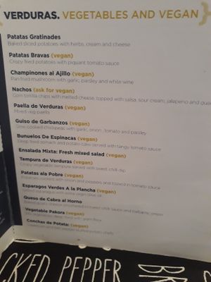 Vegan options on the tapas menu (July 2018) at La Rambla  in Paisley