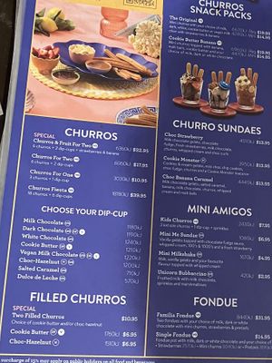 menu  at San Churro in Melbourne