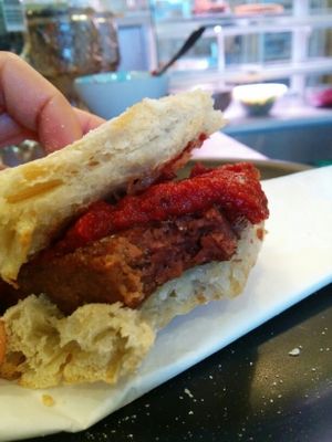 Square sausage roll with homemade ketchup. at Soy Division in Glasgow