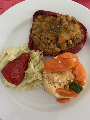 Meal of the day- stuffed pepper, grain and ‘salad’ (sauerkraut?)   at Casa do Jardim in Terceira