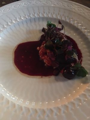 Beetroot sauce with vegetables. Perhaps mashed potatos.  at Formel B in Frederiksberg