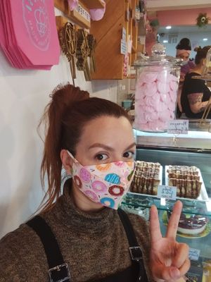 También venden estos adorables tapabocas 😬 at Frambuesa Pastelería Vegan in Bogota
