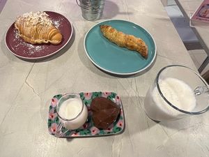Chocolate bomb, almond croissant and cheese pastry  at Frambuesa Pastelería Vegan in Bogota