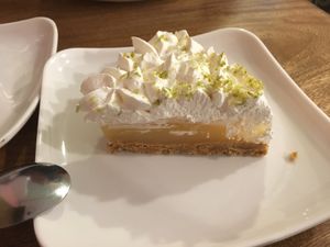 Lemon custard cake at Frambuesa Pastelería Vegan in Bogota