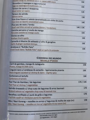 Menu at Ritual in Vila Nova De Milfontes