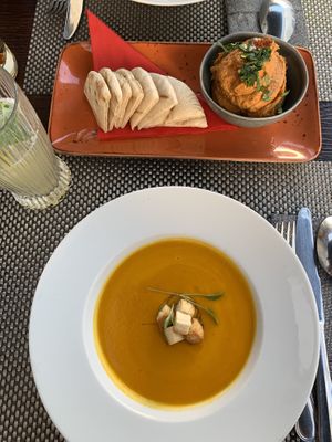 Vegetable soup and hummus with pitta bread at Ritual in Vila Nova De Milfontes