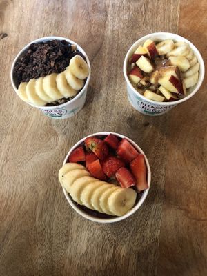 The Sesher Bowl (left), The OG Bowl (middle, The Swirl Oatmeal (right) at Blenders & Bowls in Austin