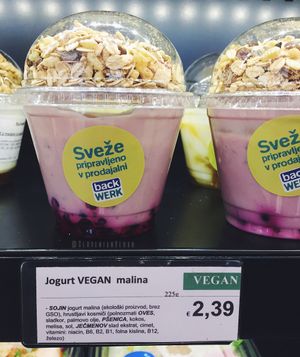Vegan raspberry yoghurt

Picture taken from: https://www.facebook.com/slovenianvegan/ at backWERK in Ljubljana