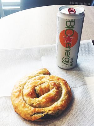 Vegan spinach burek and organic energy drink. at backWERK in Ljubljana