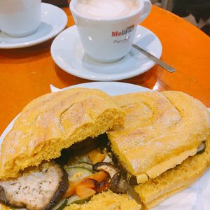Vegan Panini with roasted vegetables & soy milk cappuccino  at Bar Spritz in Venice