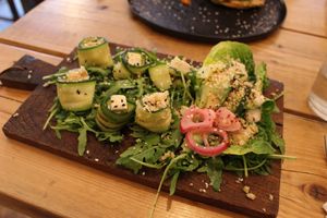 1st Tapas plate (Grilled squash rolled in vegan cheese and chili, grilled romaine lettuce with caesar dressing & apple) at Hope Organic in Copenhagen