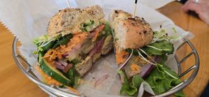 "Hummus and all the Veggies" on a toasted While Wheat with Italian Seasonings Bagel at Bagel Cafe in Camden