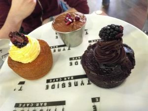Mixture of vegan and vegetarian afternoon tea sweets (my partner's non-vegan options were also in this photo) at Tyneside Bar Cafe in Newcastle Upon Tyne
