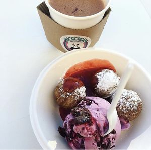 Vegan æbleskiver with nicecream and hot cocoa  at Nicecream - Enghave in Copenhagen